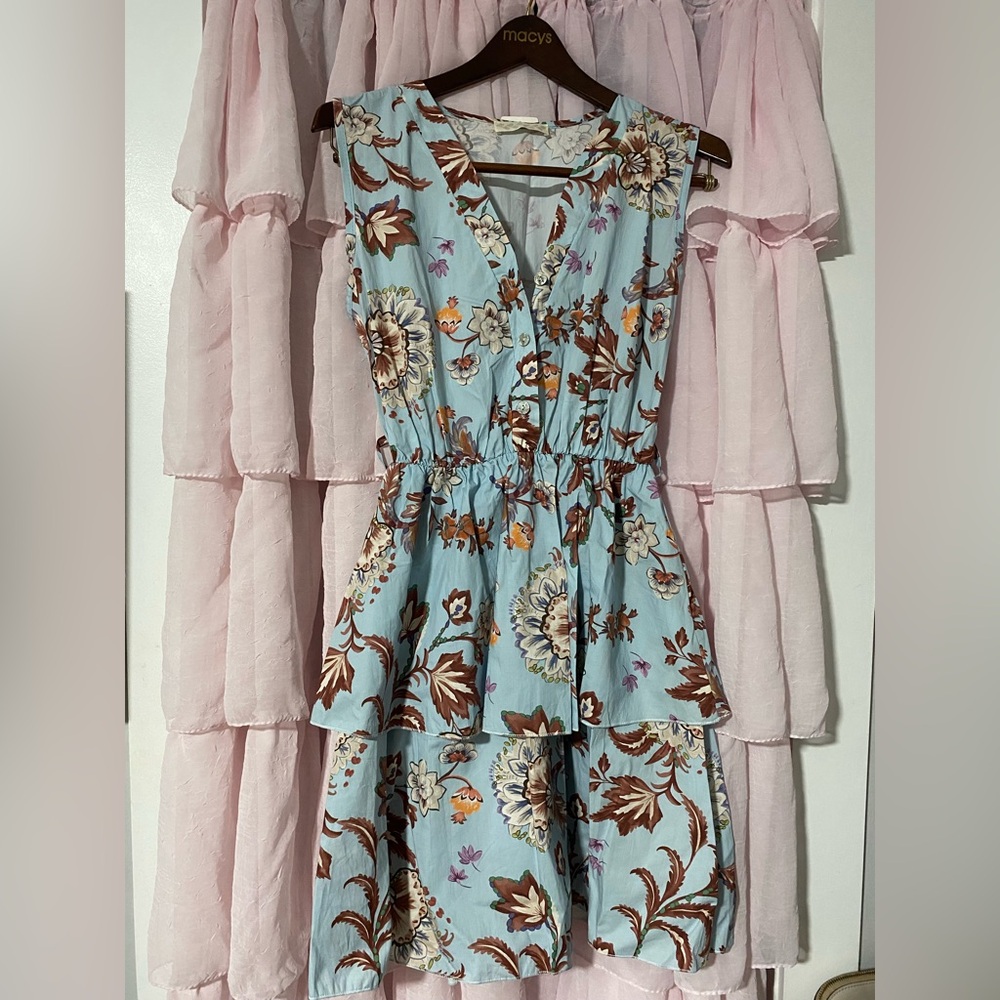Italy Moda Light Blue Floral Tiered Dress with Brown & Cream Print